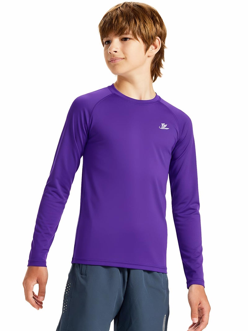 DEVOROPA Youth Boys Compression Shirt Long Sleeve Football Baseball Undershirt Quick Dry Sports Baselayer Purple S - Image 2